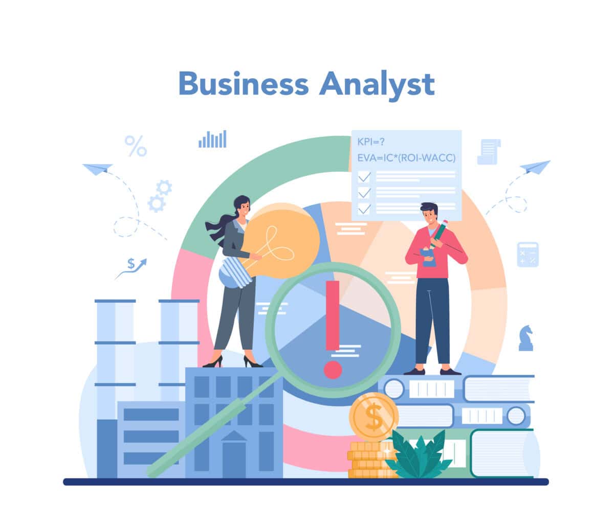 Illustration showing a Business Analyst analyzing data charts and workflows on a laptop, representing how business analysts bridge the gap between business goals and data-driven solutions to improve organizational performance