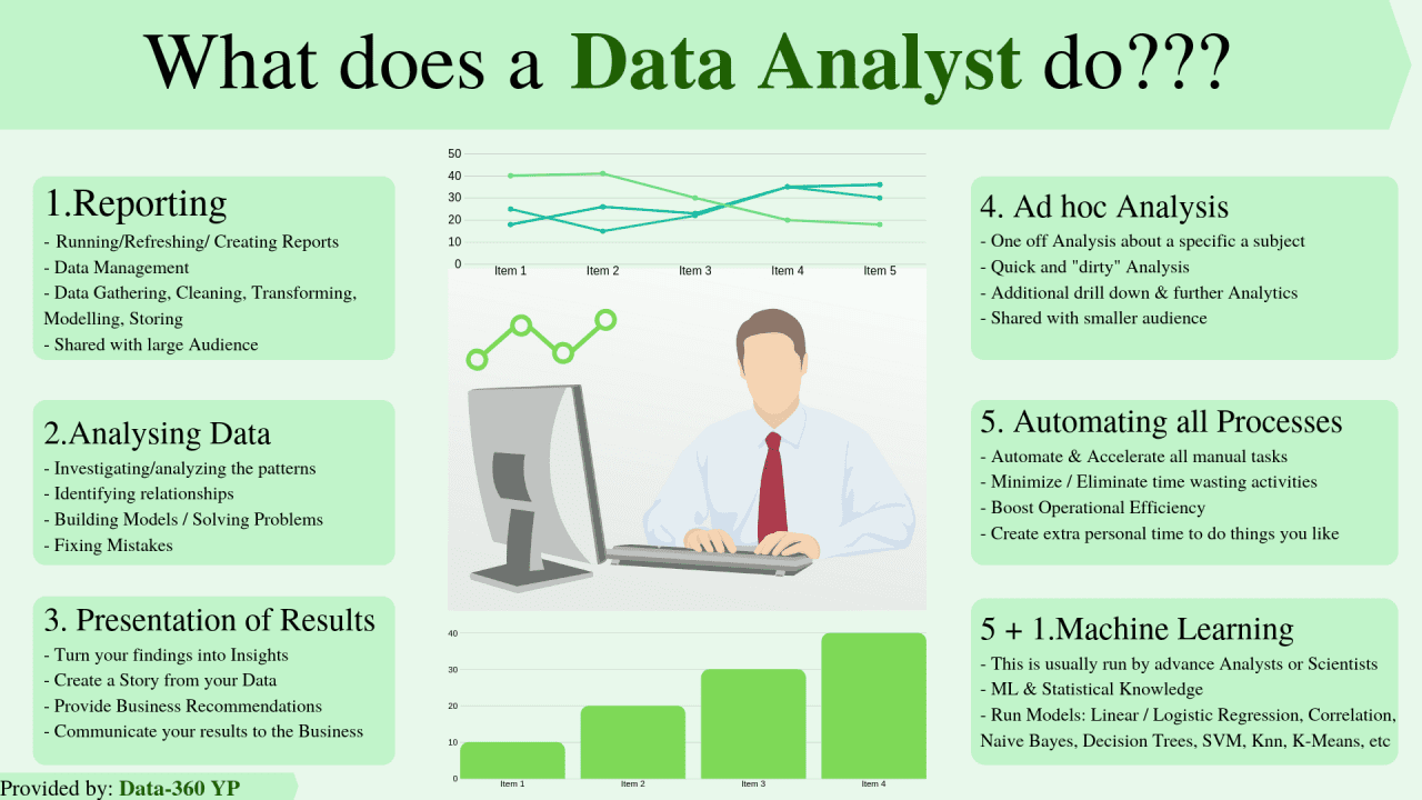 Data analyst reviewing datasets, creating dashboards, and generating insights for business decisions